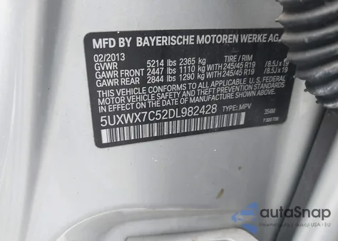 2013 BMW X3 xDrive35I z USA, uszkodzony, nr VIN 5UXWX7C52DL982428